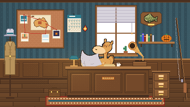 A detective's office: a case board with a map, a wall calendar, a window with blinds, a mounted carp, a shelf with a carved pumpkin, Phrini reading at a desk with a lamp and a gramophone, a hat rack, a briefcase and a floating robot.